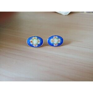 Vintage Stud Earrings Gold Blue Flower Portrait